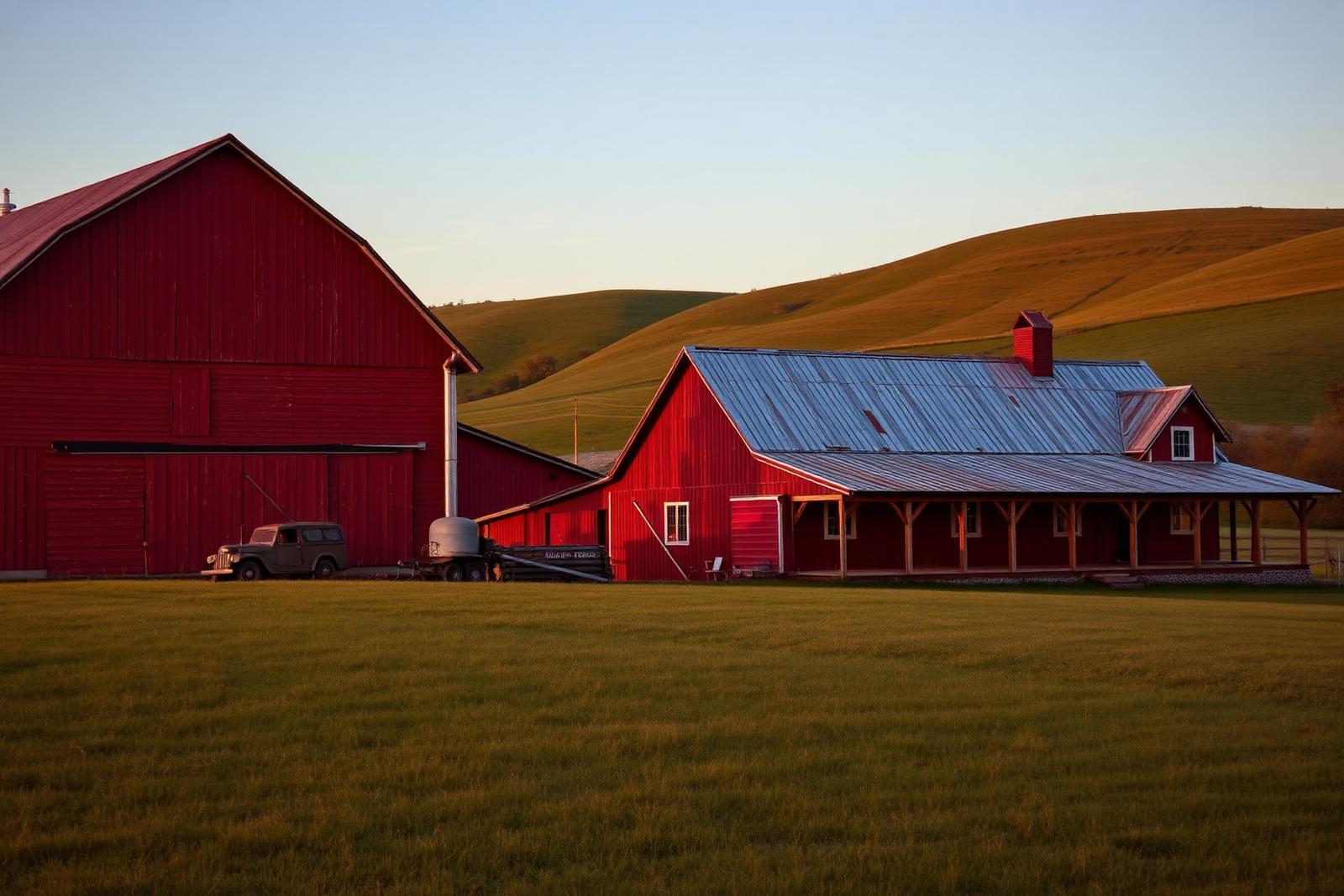 Red Tennessee barn at sunset with rolling hills